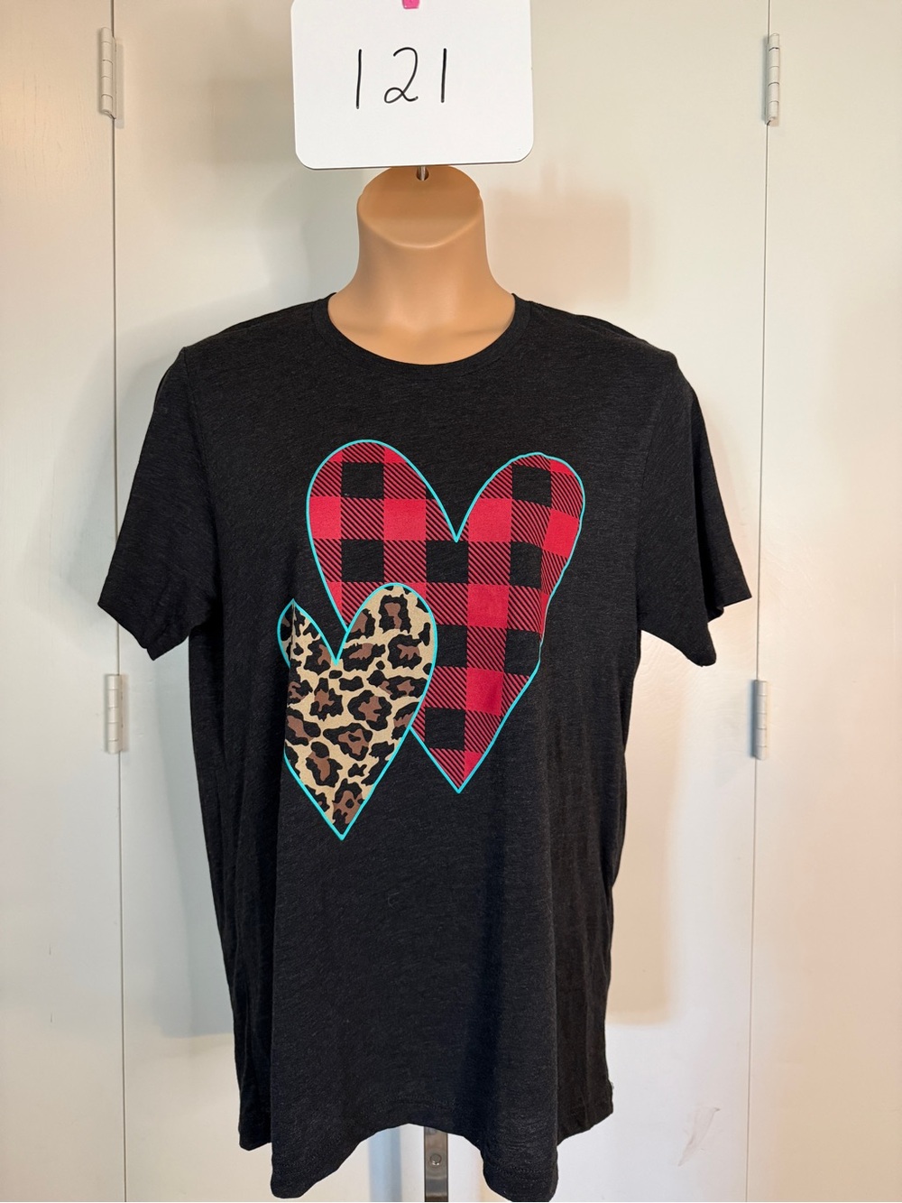 Crazy Train Black Tee with Red Buffalo Plaid & Leopard Hearts